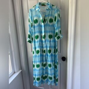 Oliphant V-Neck Maxi Midi Flutter Sleeve Dress Ikat Blue Green XS Cotton